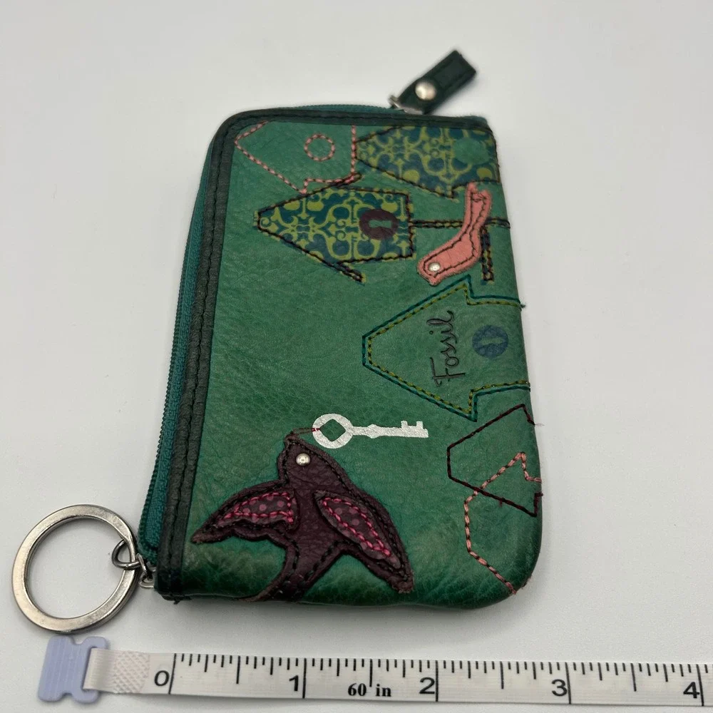 Fossil Green Leather Bird Birdhouse Applique Coin Pouch ID Case Key Ring Wallet